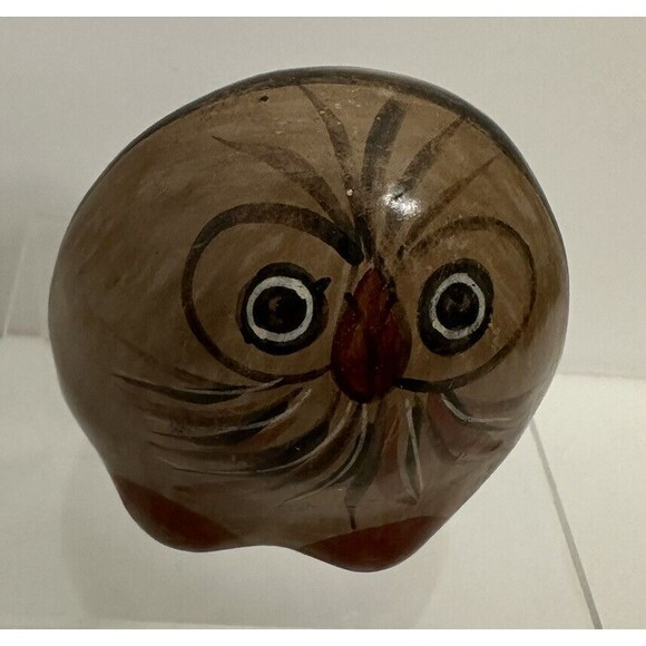 Vintage Mexico Tonala Pottery Owl Hand Painted 3” Brown Orange - Picture 2 of 9